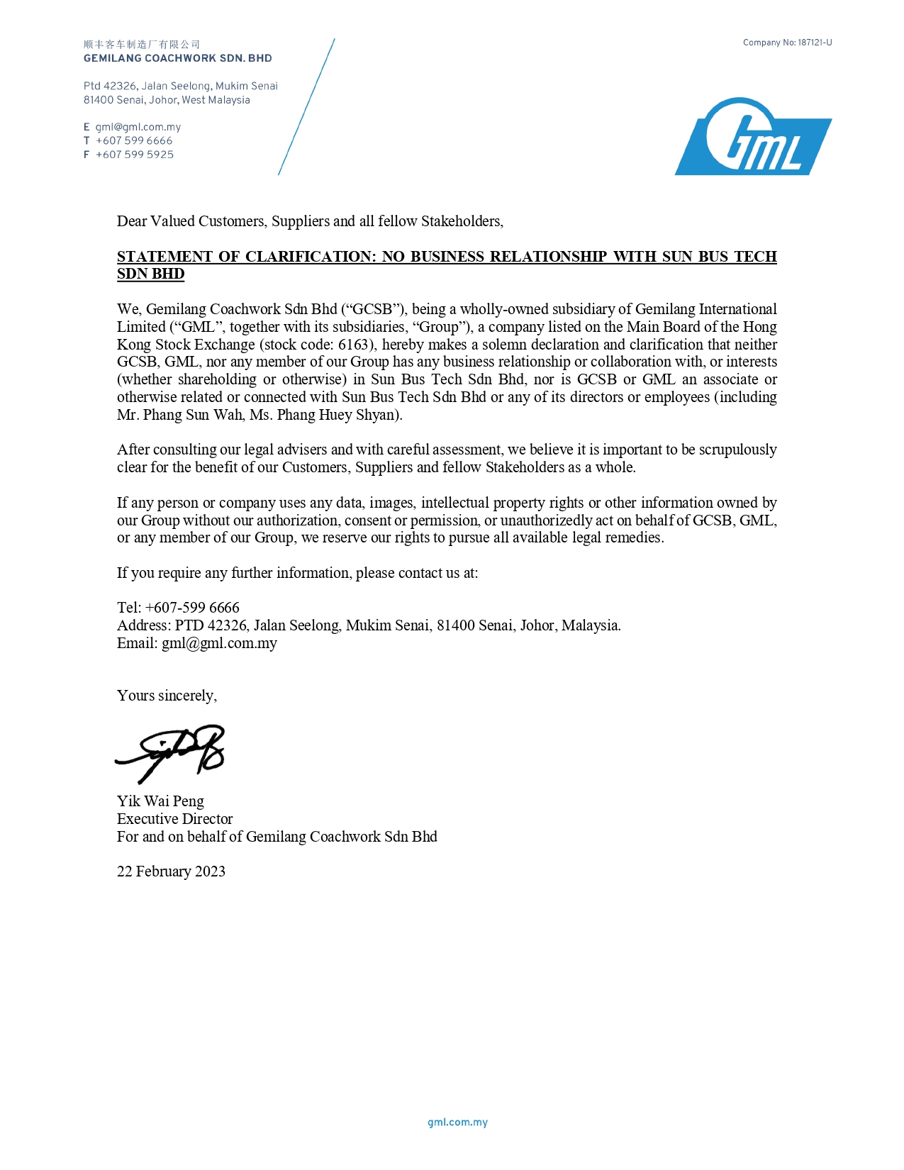 Statement of Clarification - No Business Relationship with Sun Bus Tech Sdn. Bhd.